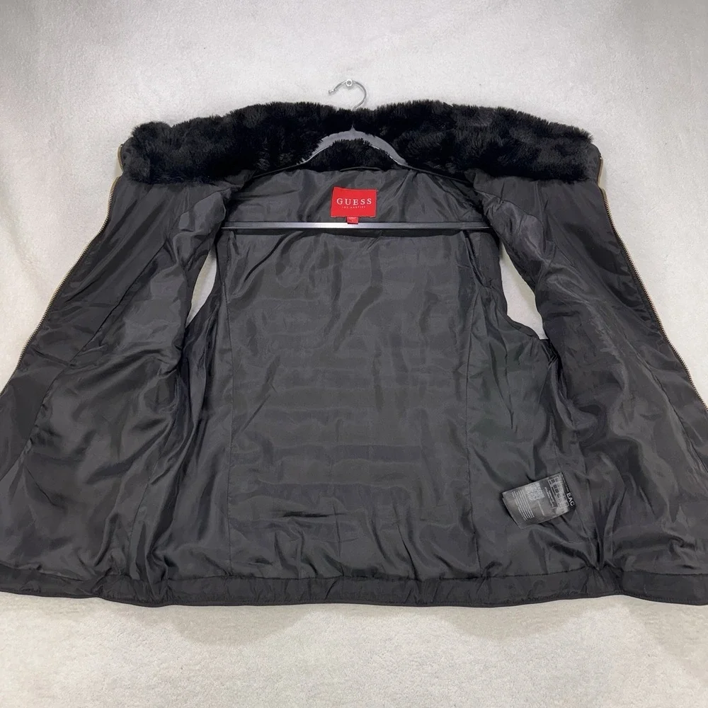 Guess Quilted Puffer Vest Women M Black Faux-fur Trim Gold-Tone‎ Full Zip